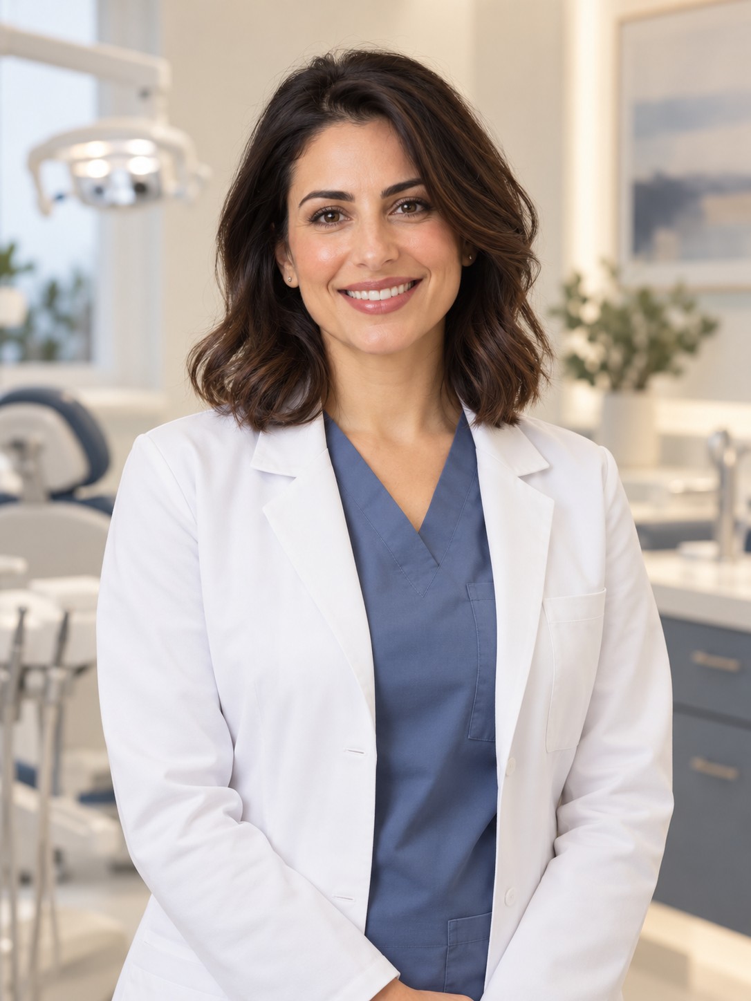 AI-generated fictional female dentist, demo placeholder